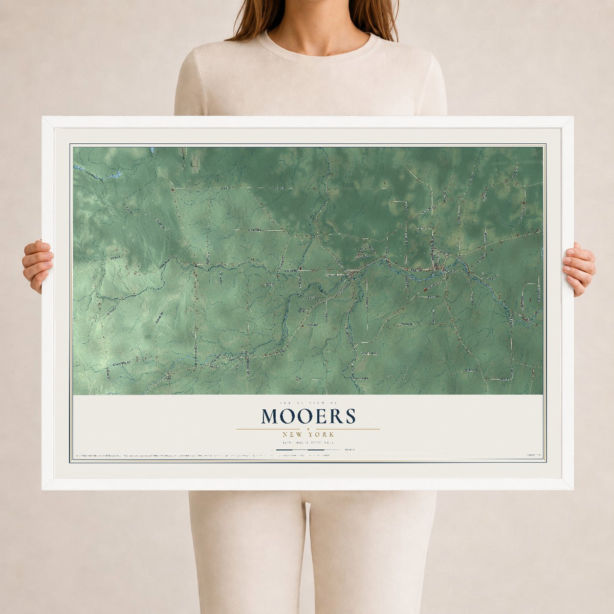 Map of Mooers, New York, 24 x 36 inch print in a white wood frame