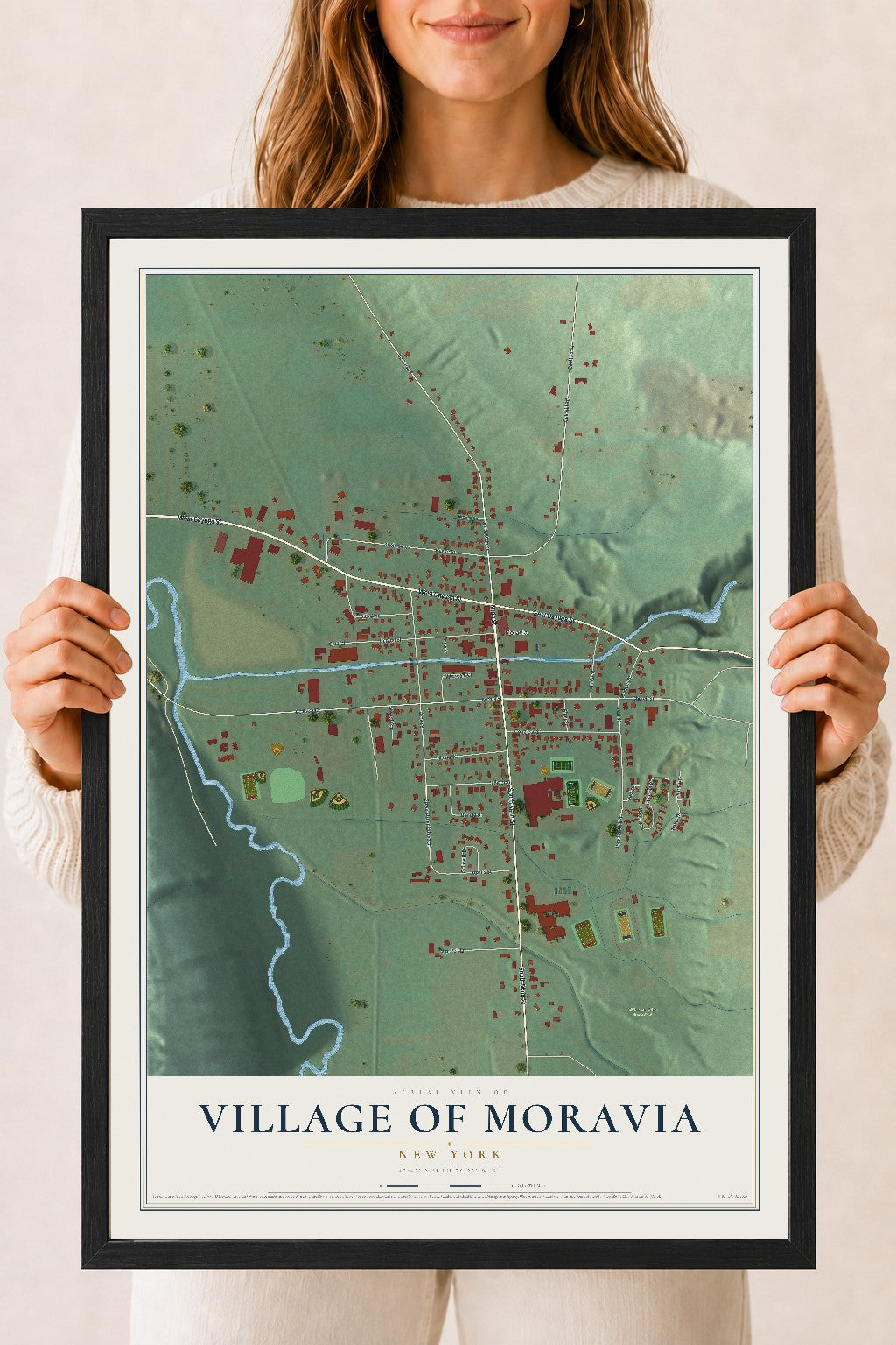 Moravia, New York map print, 18" x 24" W/ Black Ayous Wood Frame mockup