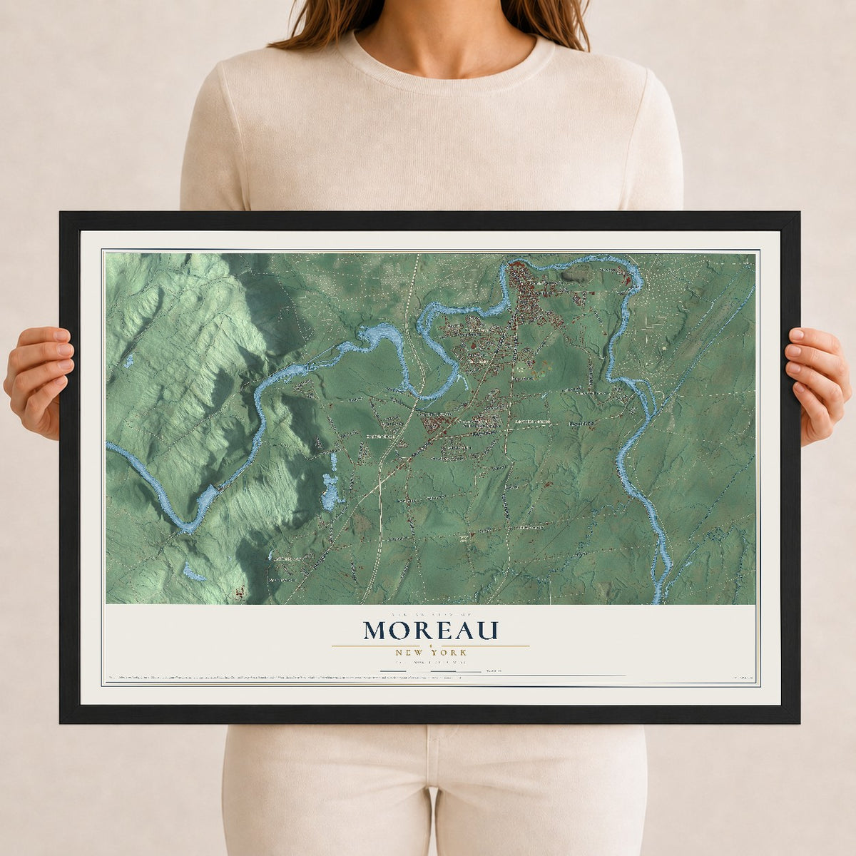 Moreau, New York map print, 12" x 18" W/ Black Ayous Wood Frame mockup