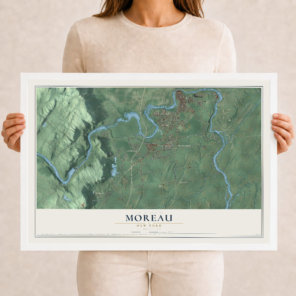 Moreau, New York map print, 12" x 18" W/ White Ayous Wood Frame mockup