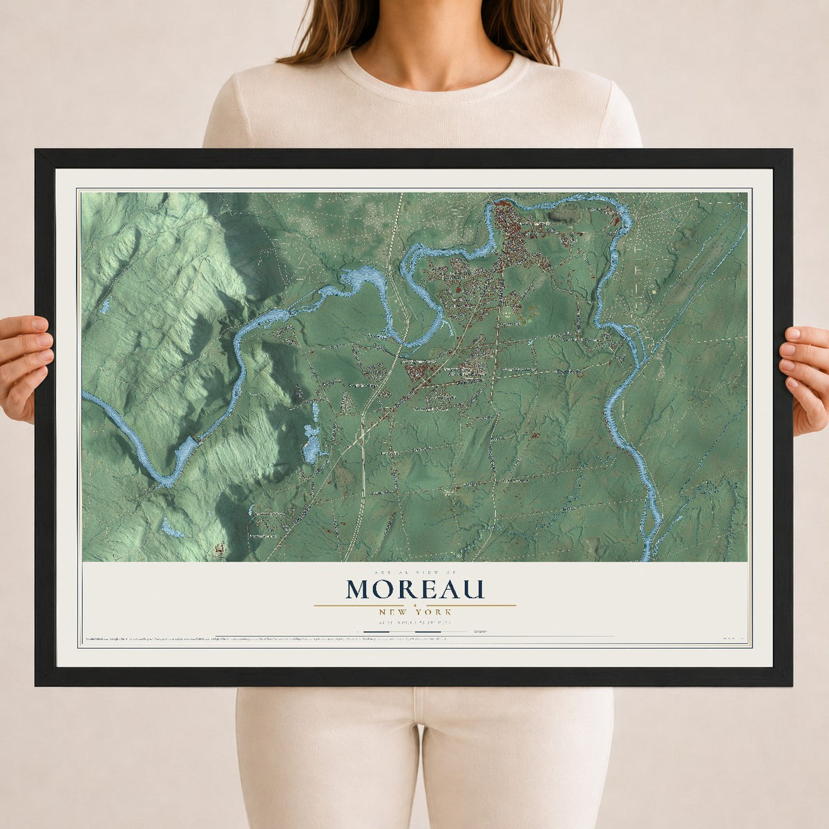 Moreau, New York map print, 18" x 24" W/ Black Ayous Wood Frame mockup