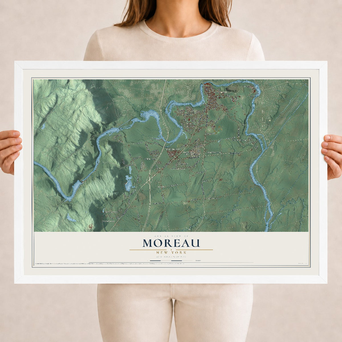 Moreau, New York map print, 18" x 24" W/ White Ayous Wood Frame mockup