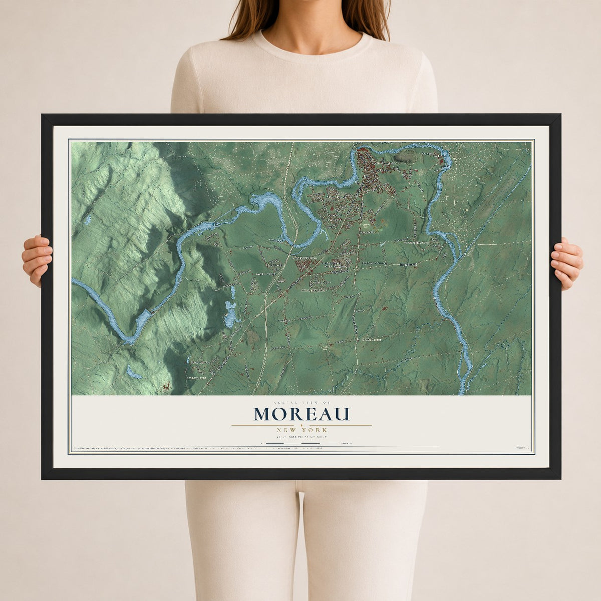 Moreau, New York map print, 24" x 36" W/ Black Ayous Wood Frame mockup