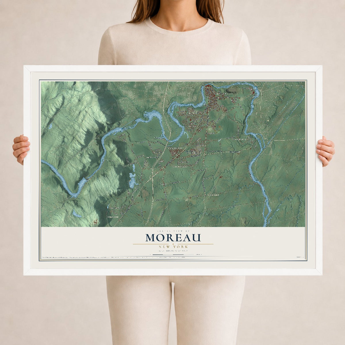 Moreau, New York map print, 24" x 36" W/ White Ayous Wood Frame mockup