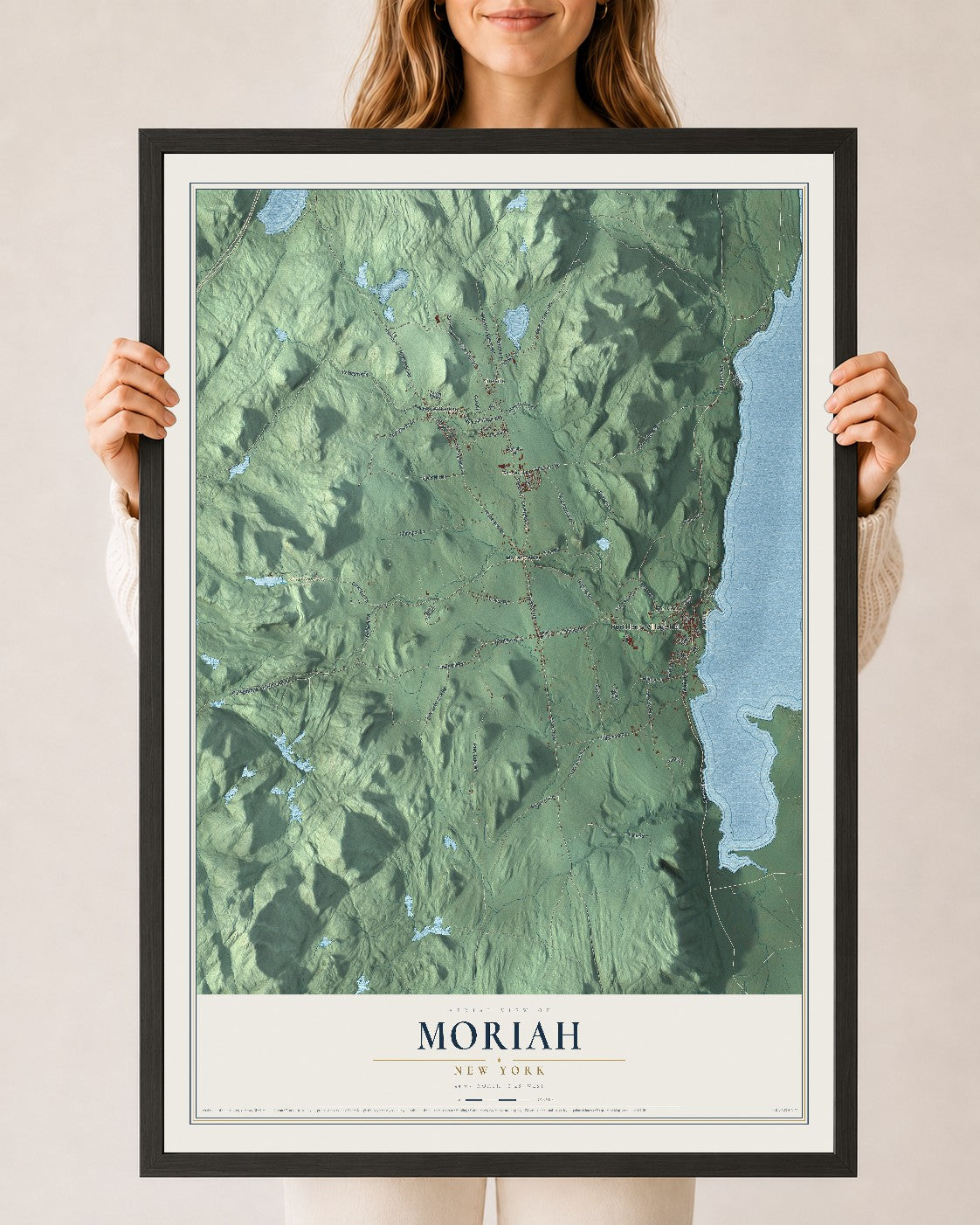 Moriah, New York map print, 24" x 36" W/ Black Ayous Wood Frame mockup