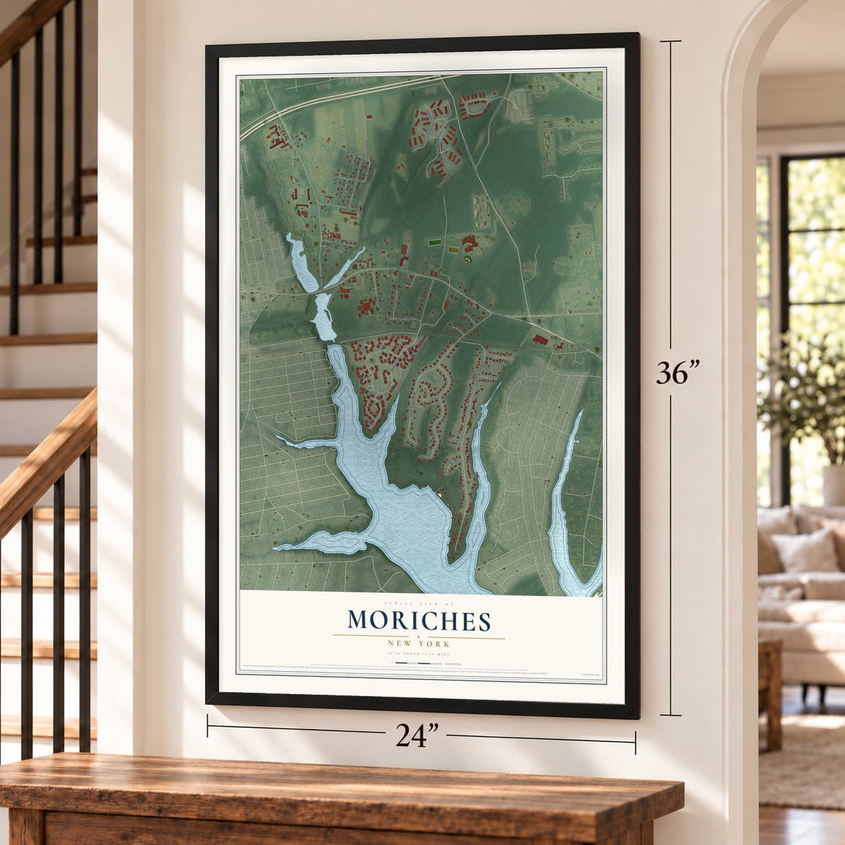Moriches, New York map, 24 x 36 inch print in a black frame by a staircase