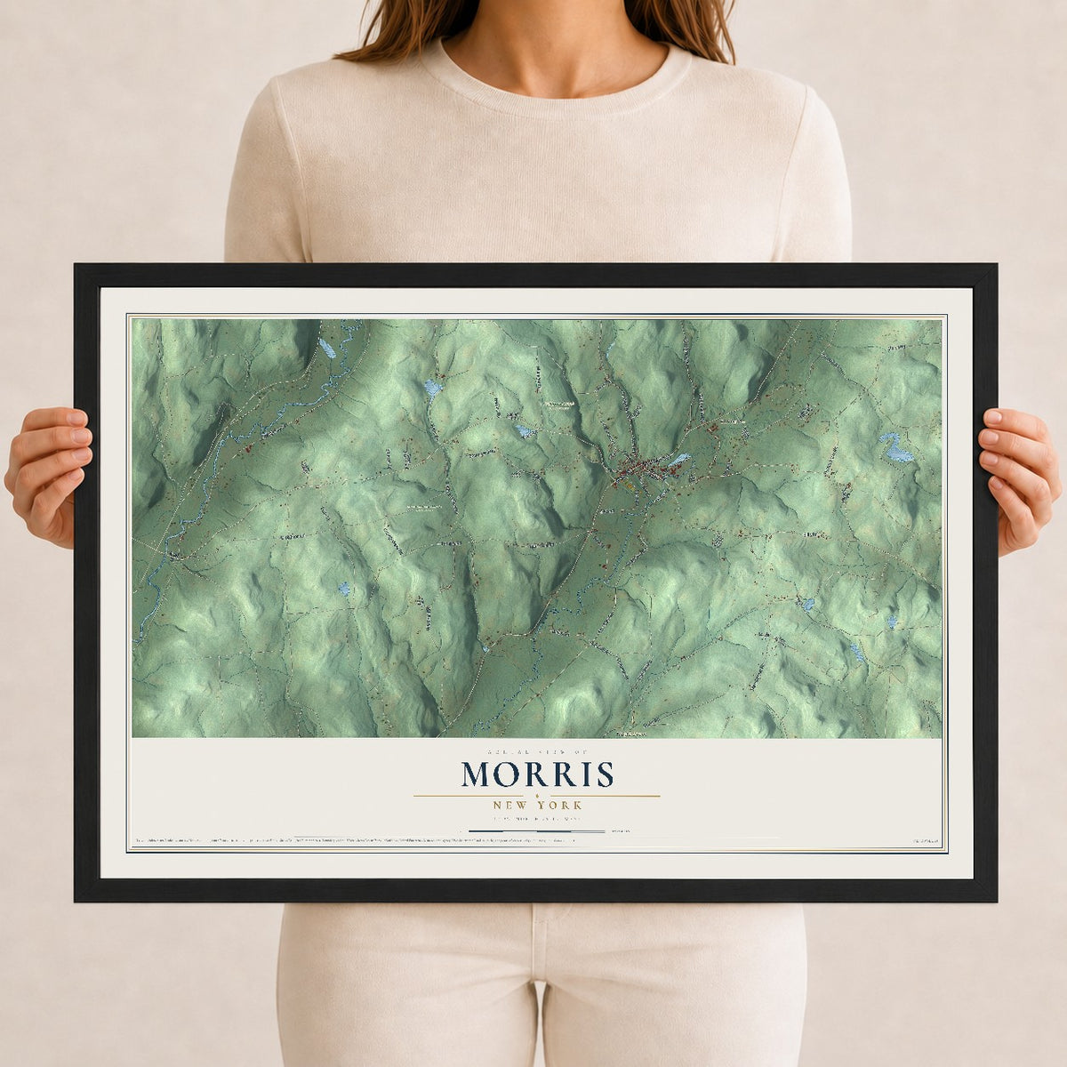 Morris, New York map print, 12" x 18" W/ Black Ayous Wood Frame mockup