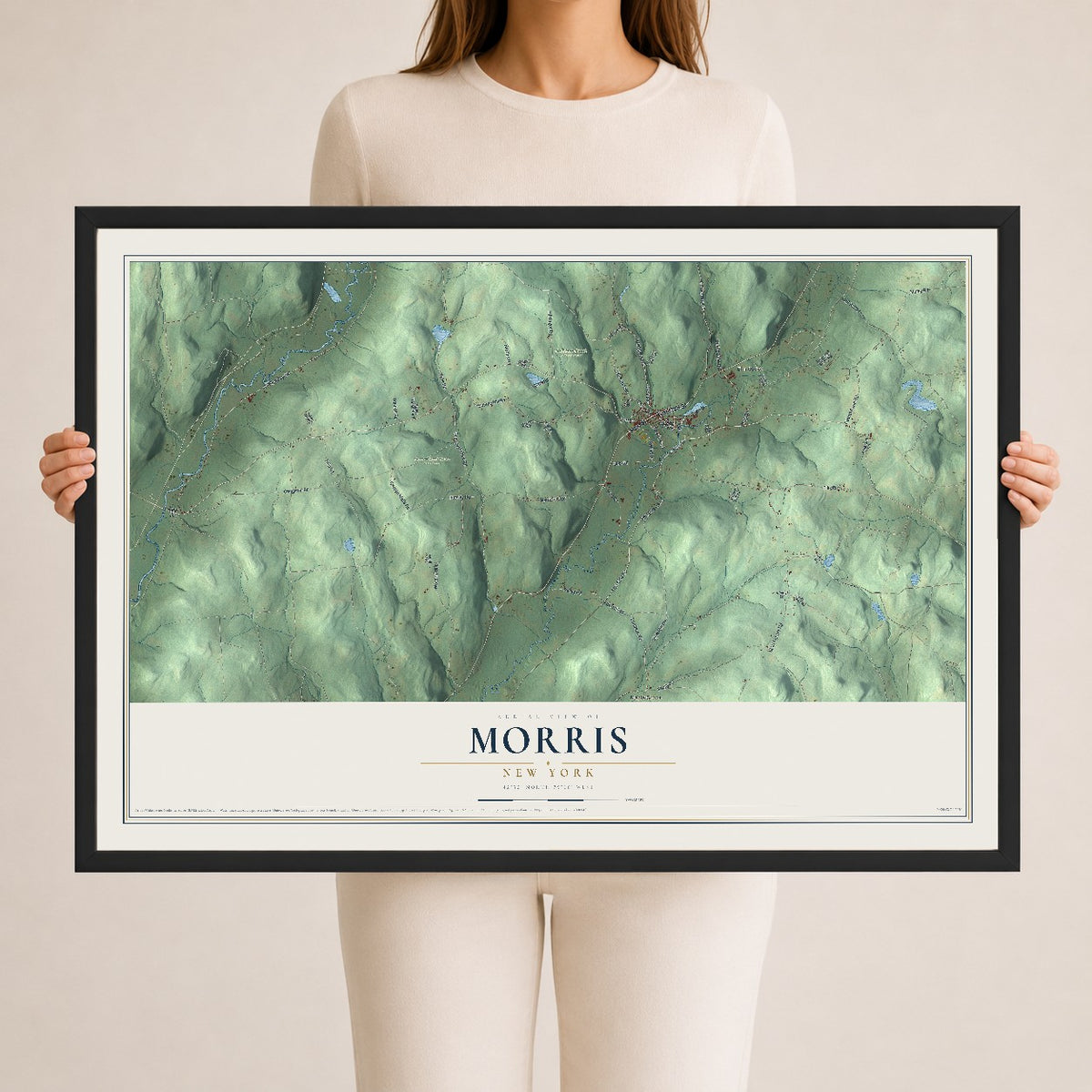 Morris, New York map print, 24" x 36" W/ Black Ayous Wood Frame mockup