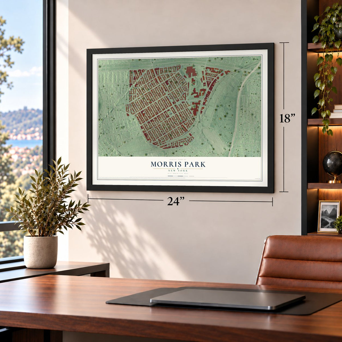 Morris Park, New York map, 18 x 24 inch print in a black frame in a home office