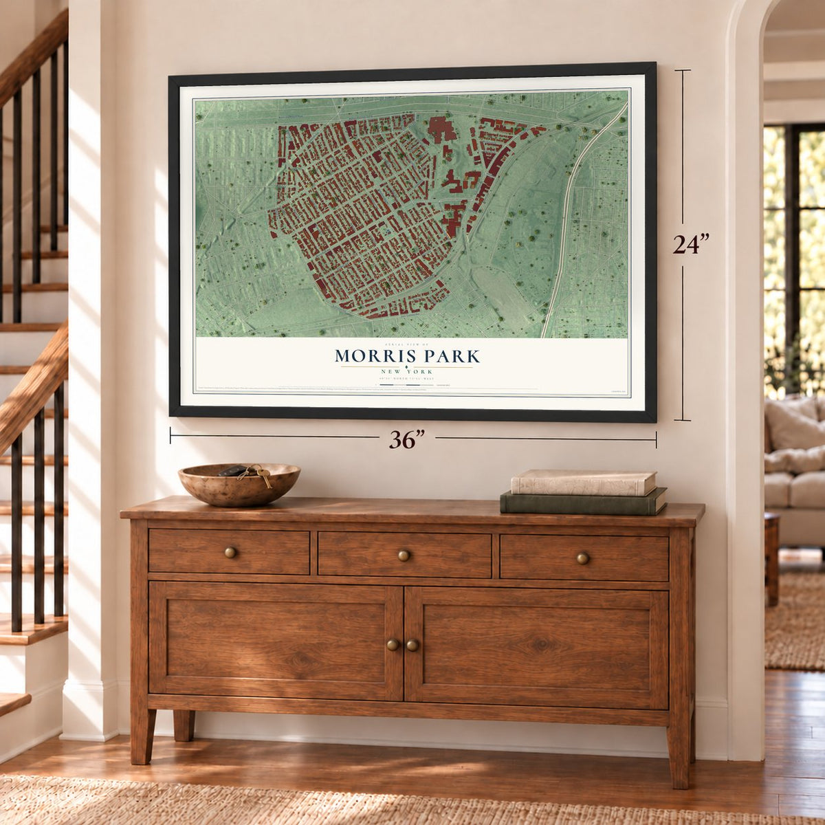 Morris Park, New York map, 24 x 36 inch print in a black frame above a dresser by a staircase