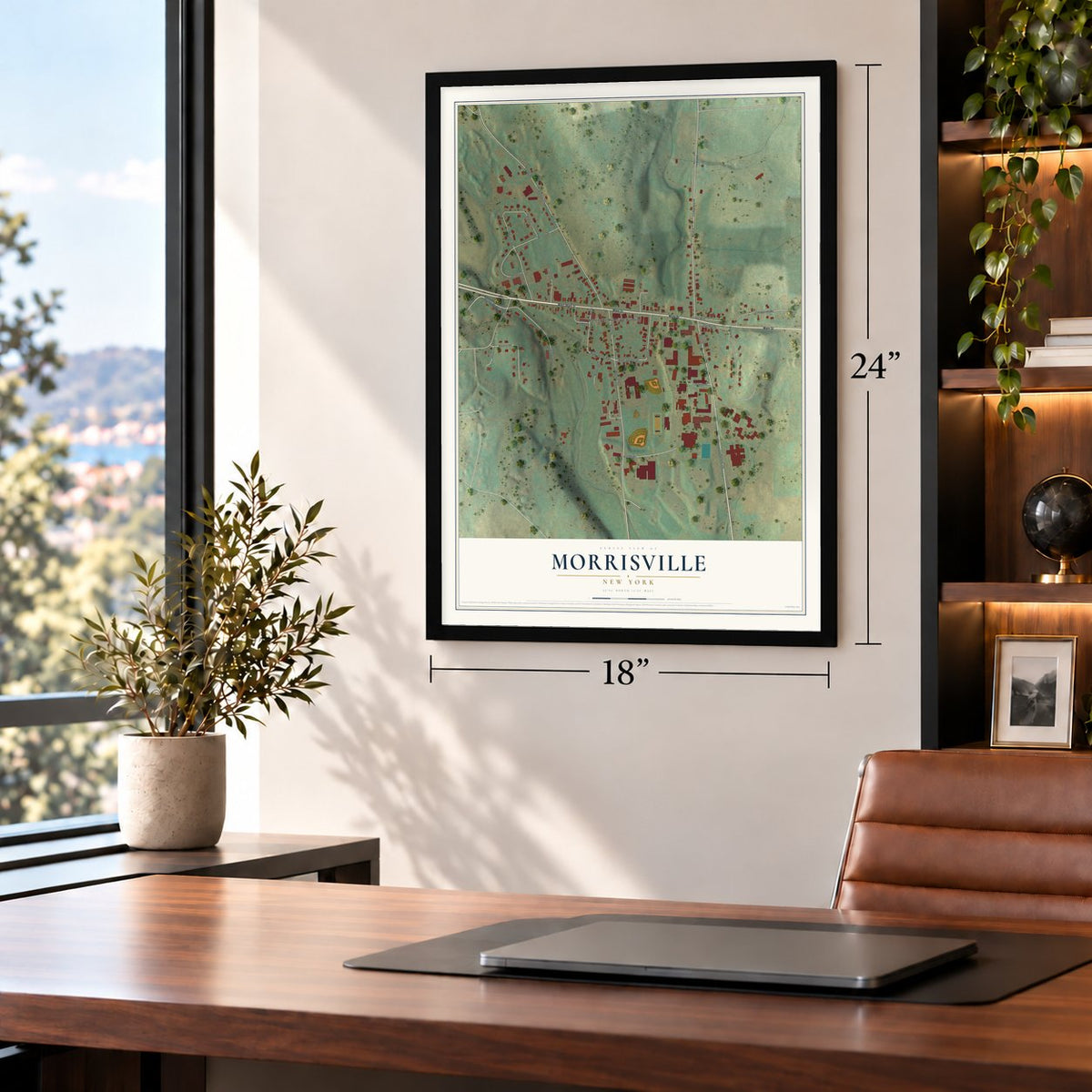 Morrisville, New York map, 18 x 24 inch print in a black frame in a home office