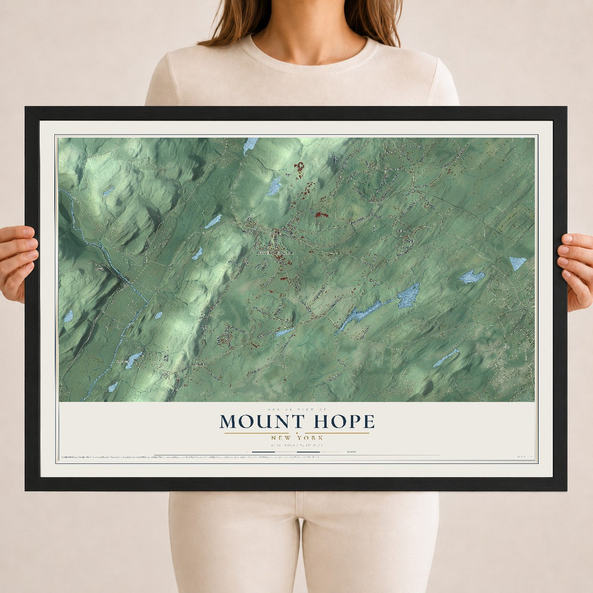 Mount Hope, New York map print, 18" x 24" W/ Black Ayous Wood Frame mockup