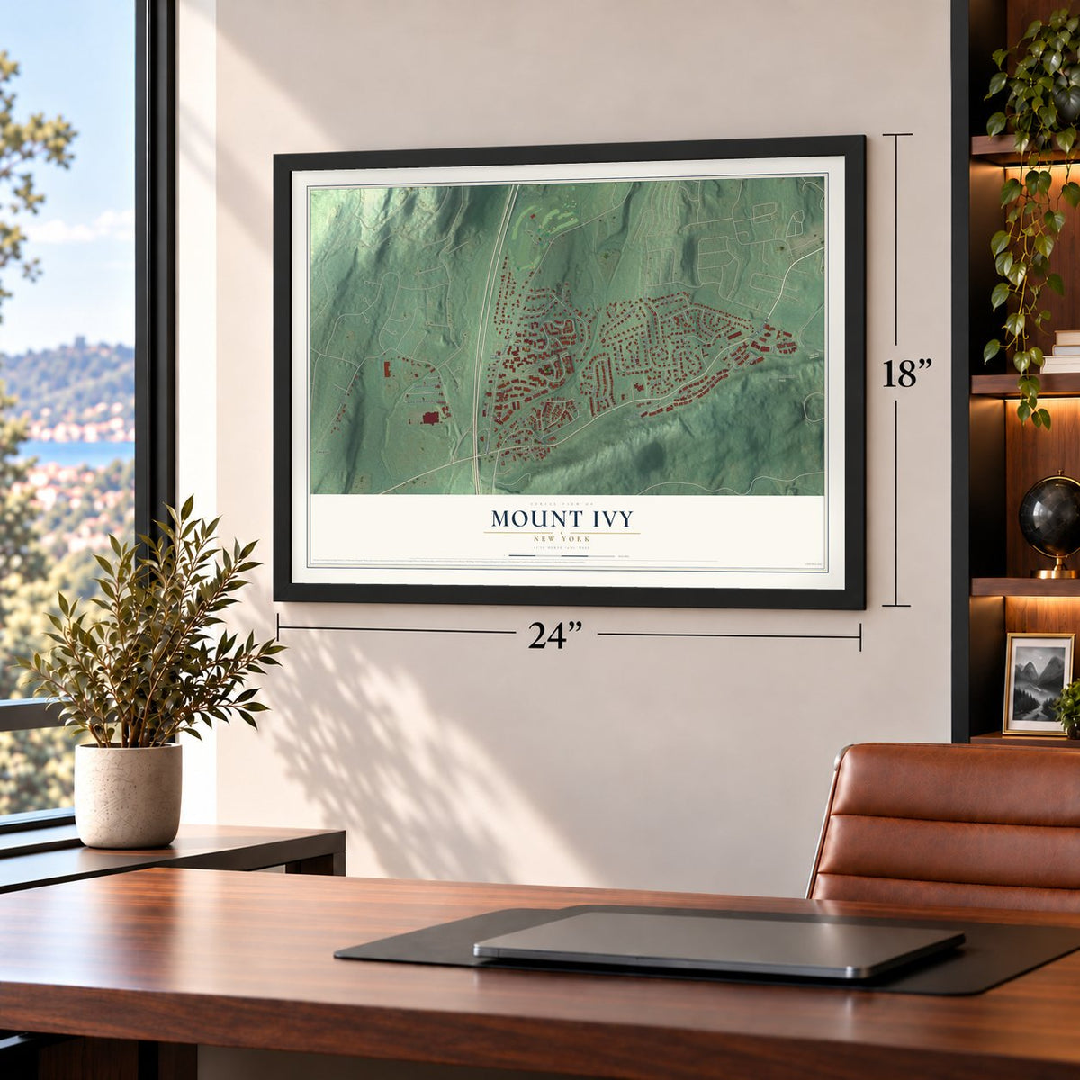 Mount Ivy, New York map, 18 x 24 inch print in a black frame in a home office