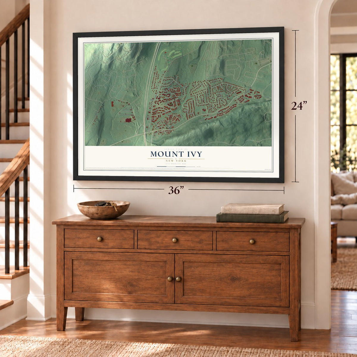 Mount Ivy, New York map, 24 x 36 inch print in a black frame above a dresser by a staircase
