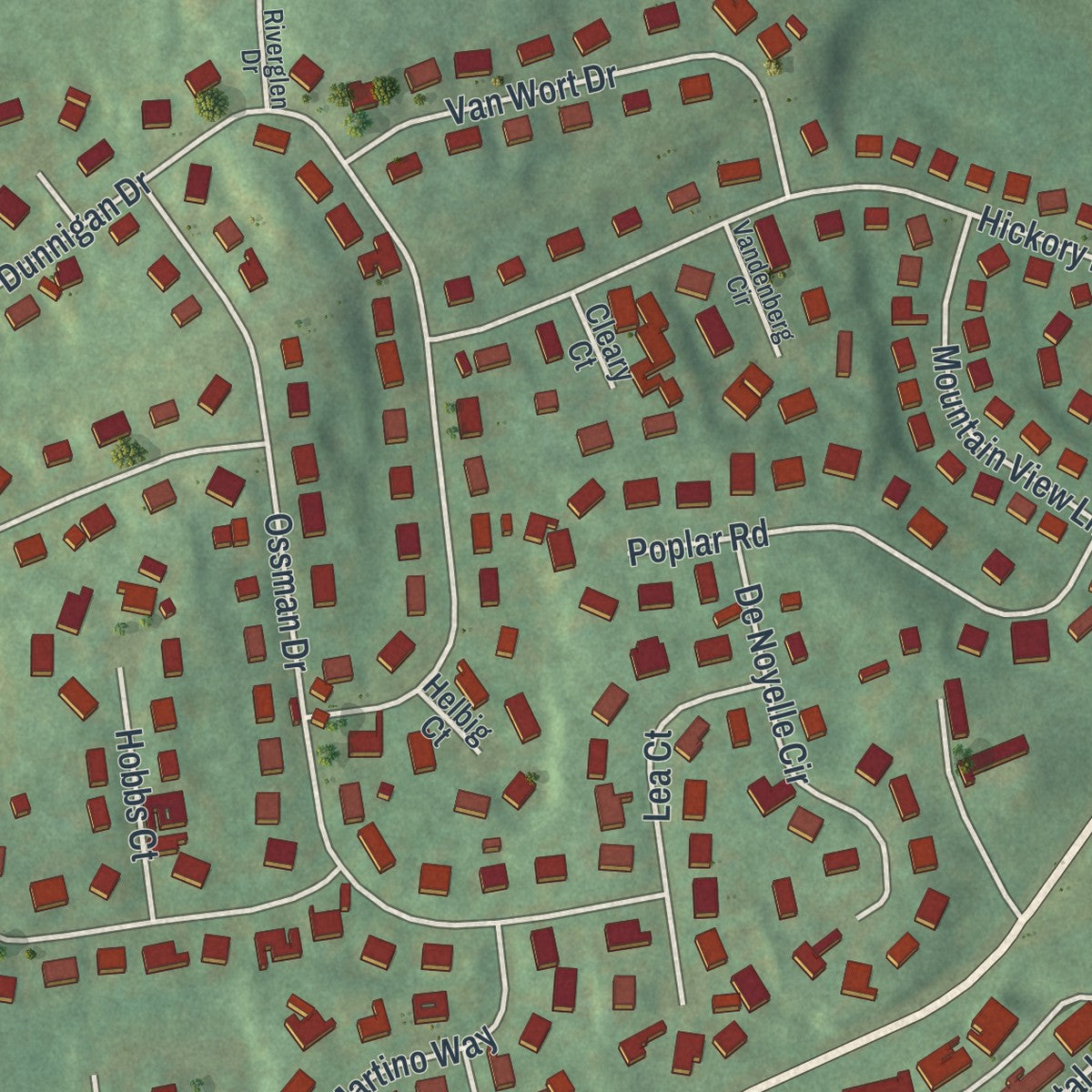 Close-up of the map of Mount Ivy, New York print showing street and building detail