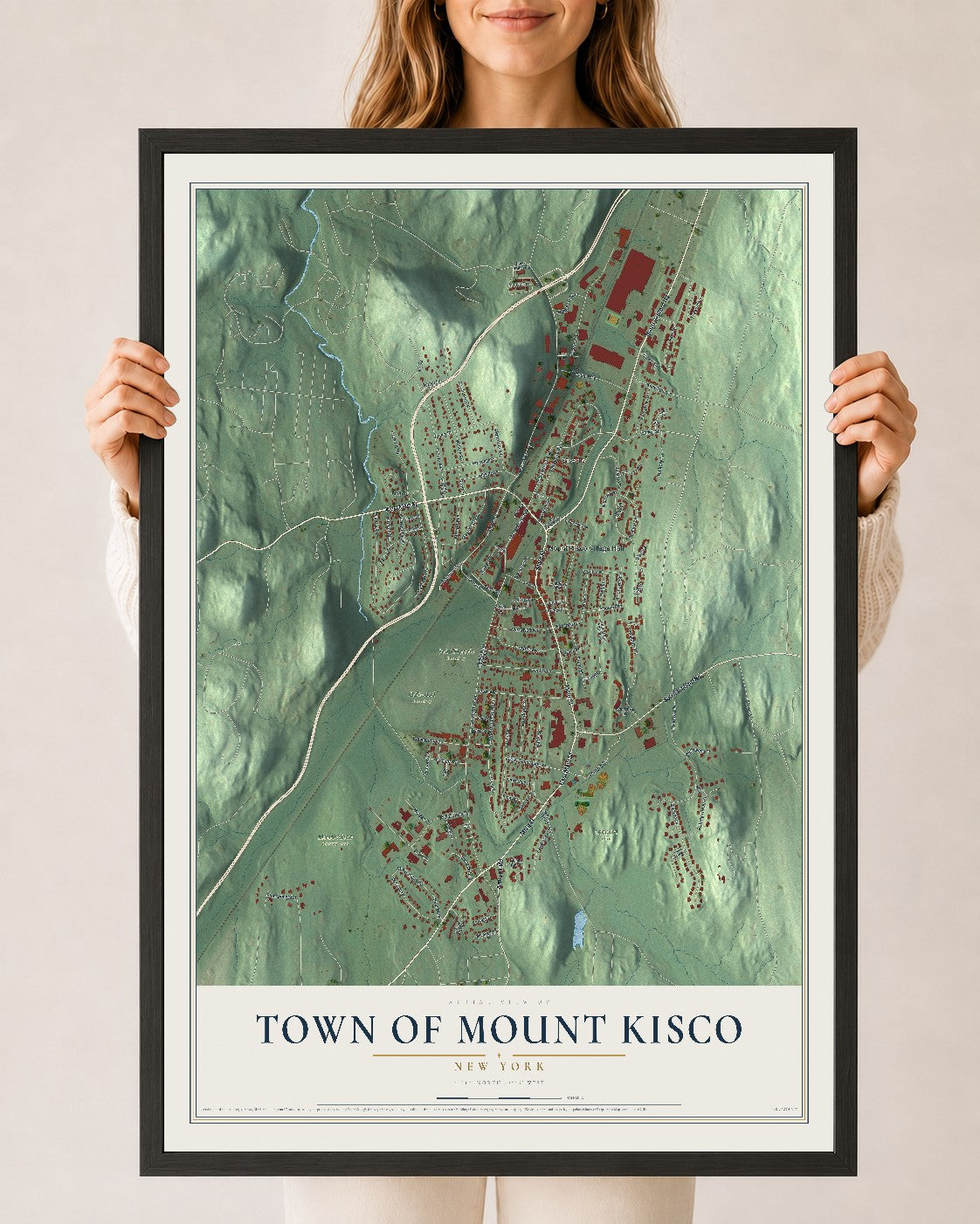Mount Kisco, New York map print, 24" x 36" W/ Black Ayous Wood Frame mockup