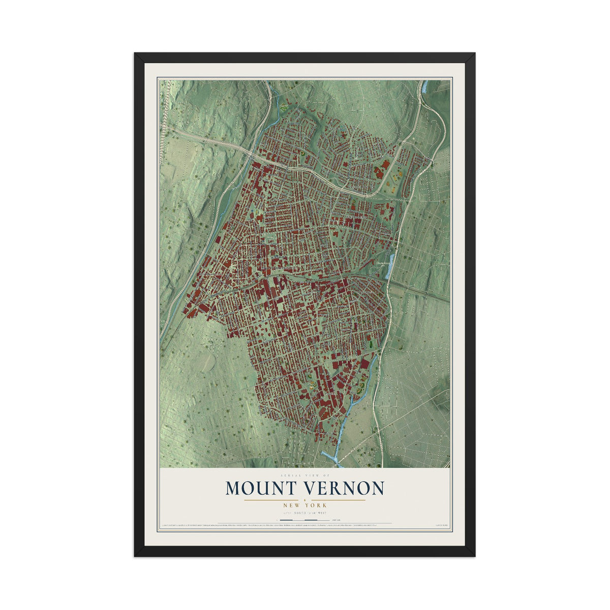 Mount Vernon, New York map print, 12" x 18" W/ Black Ayous Wood Frame mockup