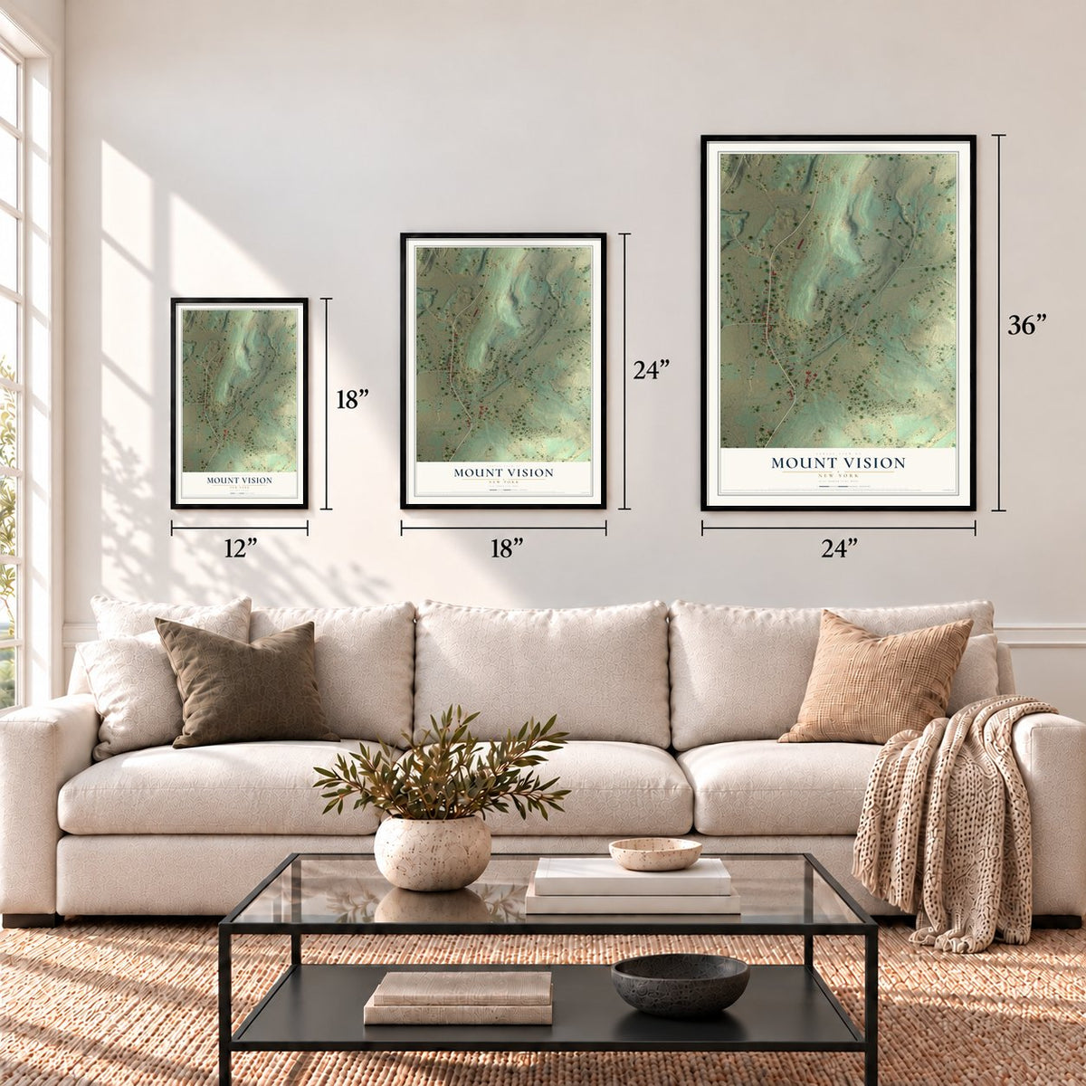 Mount Vision, New York map in 12 x 18, 18 x 24 and 24 x 36 inch sizes above a sofa