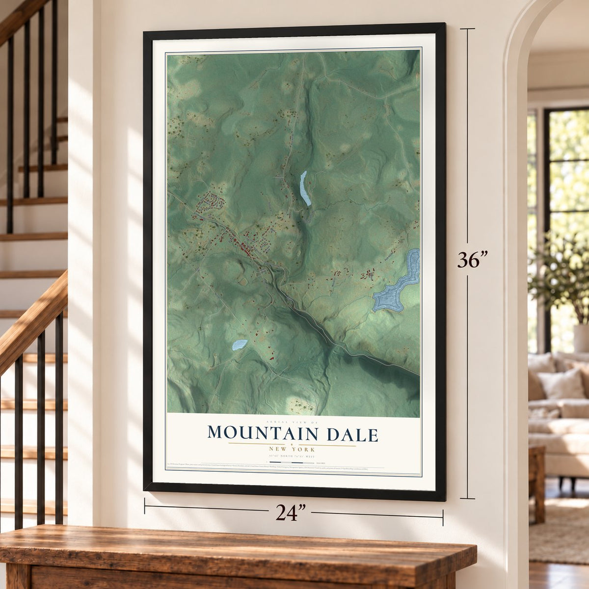 Mountain Dale, New York map, 24 x 36 inch print in a black frame by a staircase