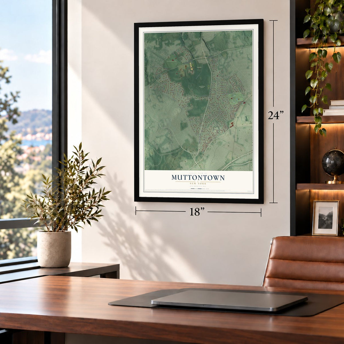 Muttontown, New York map, 18 x 24 inch print in a black frame in a home office