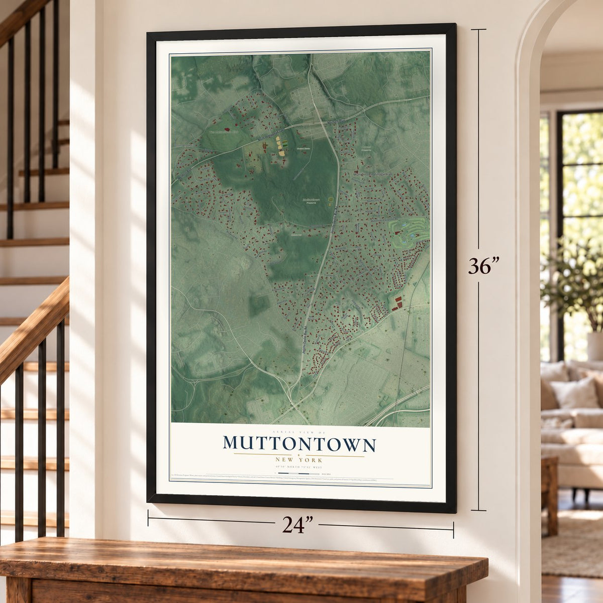 Muttontown, New York map, 24 x 36 inch print in a black frame by a staircase