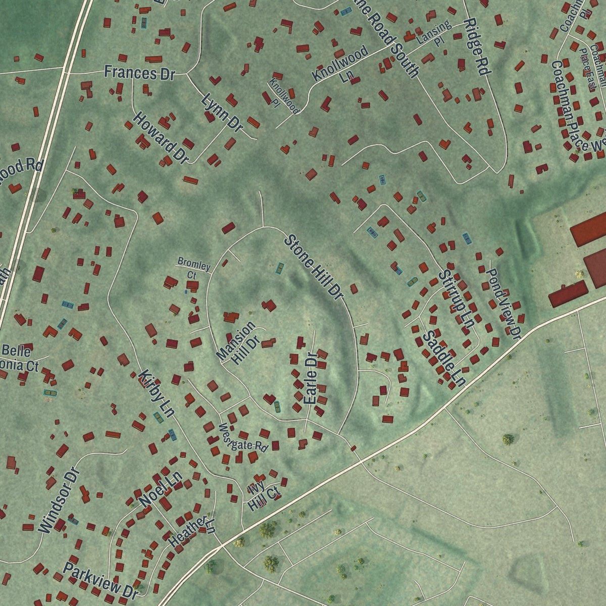 Close-up of the map of Muttontown, New York print showing street and building detail