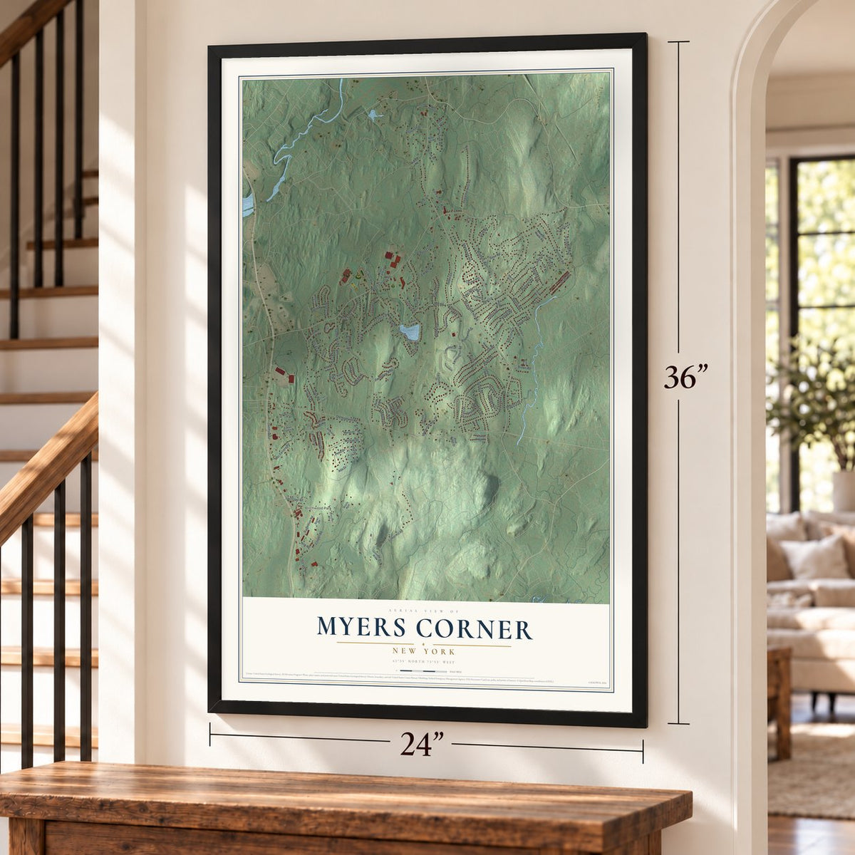 Myers Corner, New York map, 24 x 36 inch print in a black frame by a staircase