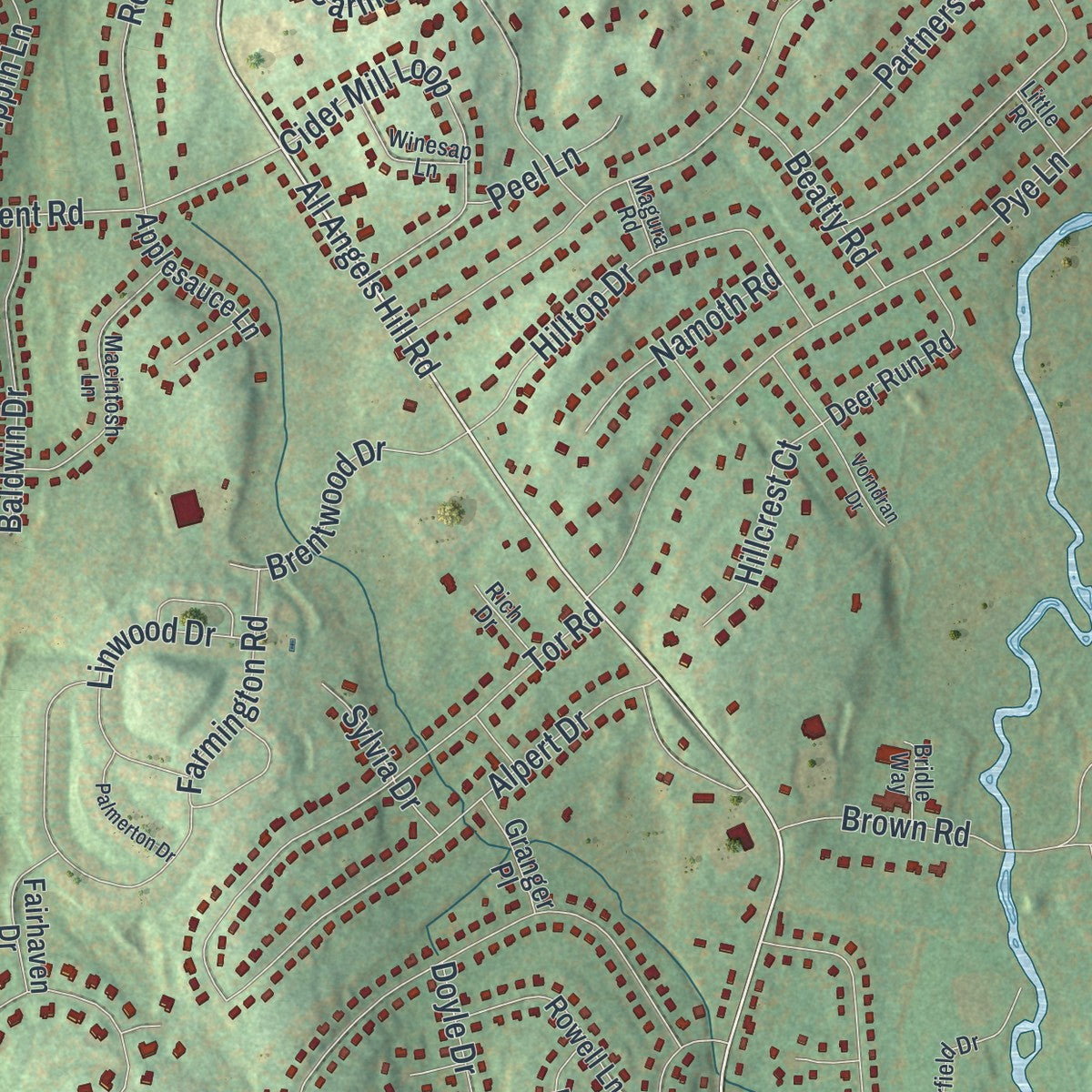 Close-up of the map of Myers Corner, New York print showing street and building detail