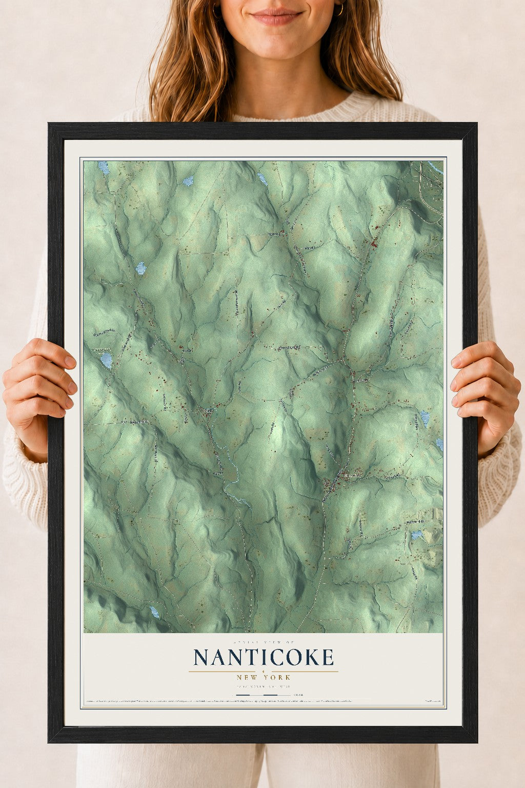 Nanticoke, New York map print, 18" x 24" W/ Black Ayous Wood Frame mockup