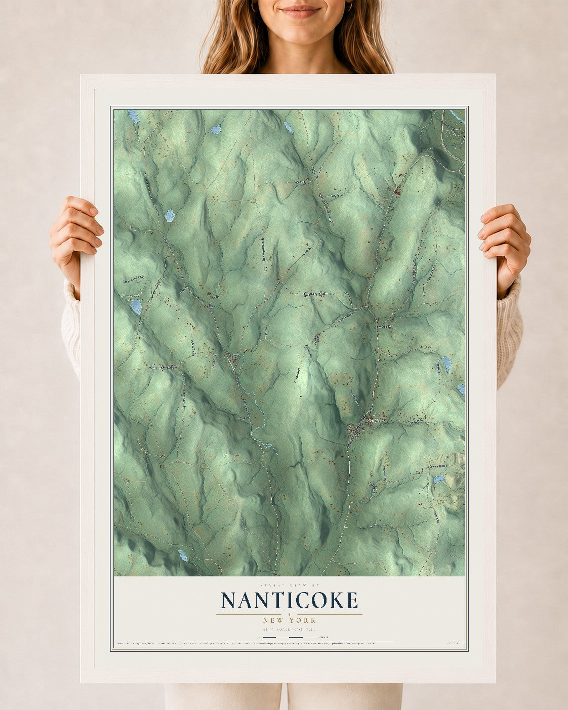 Nanticoke, New York map print, 24" x 36" W/ White Ayous Wood Frame mockup