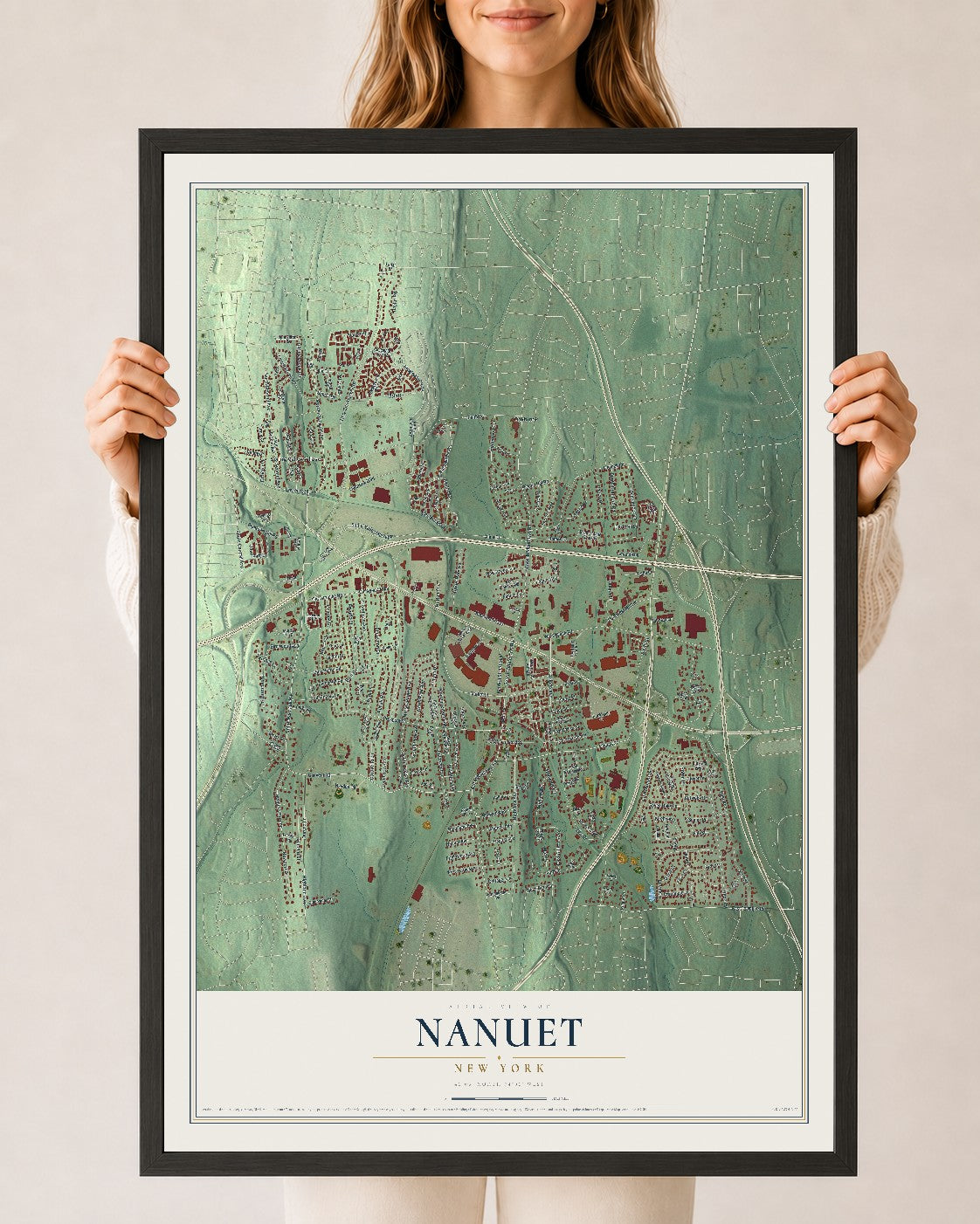 Nanuet, New York map print, 24" x 36" W/ Black Ayous Wood Frame mockup