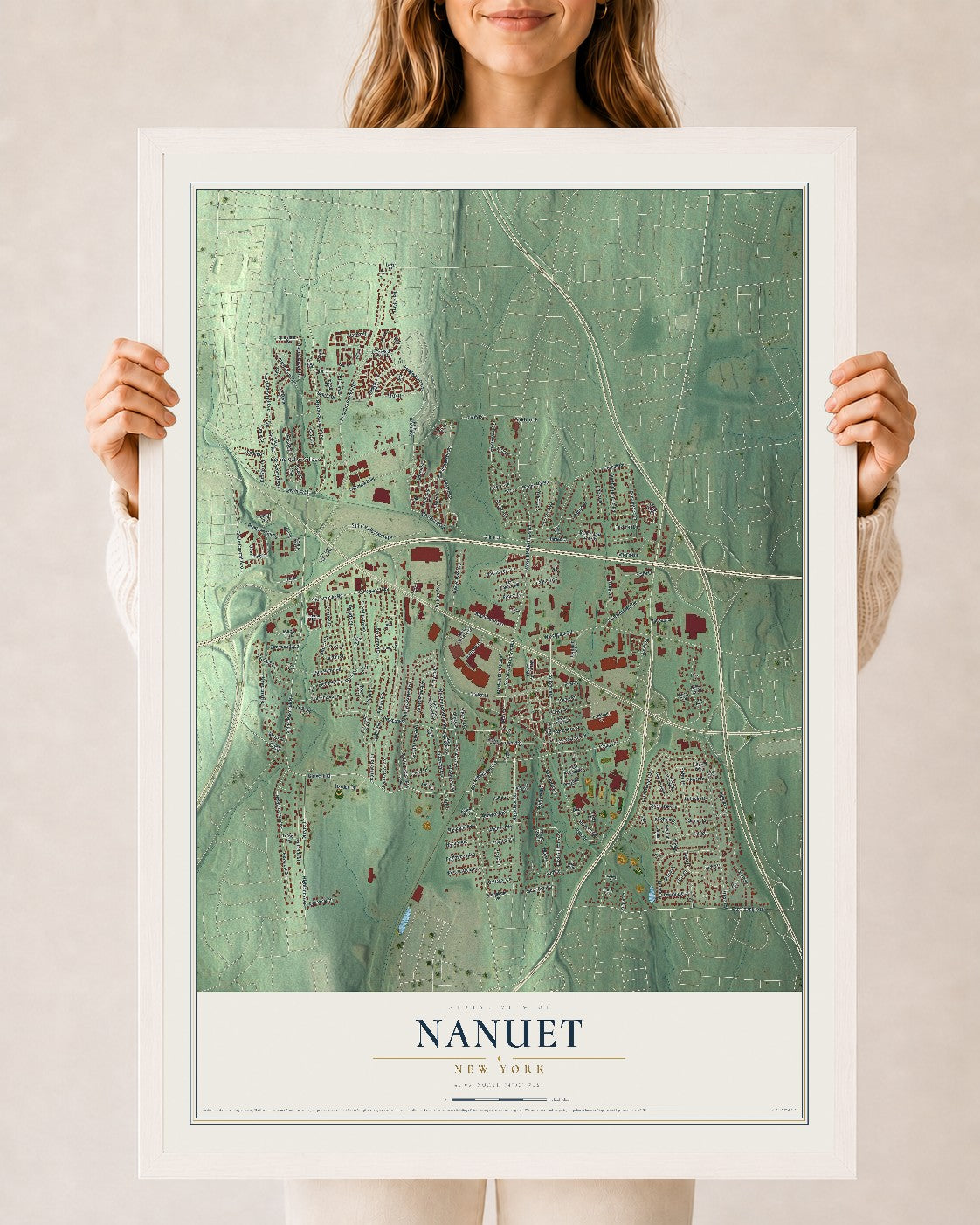 Nanuet, New York map print, 24" x 36" W/ White Ayous Wood Frame mockup