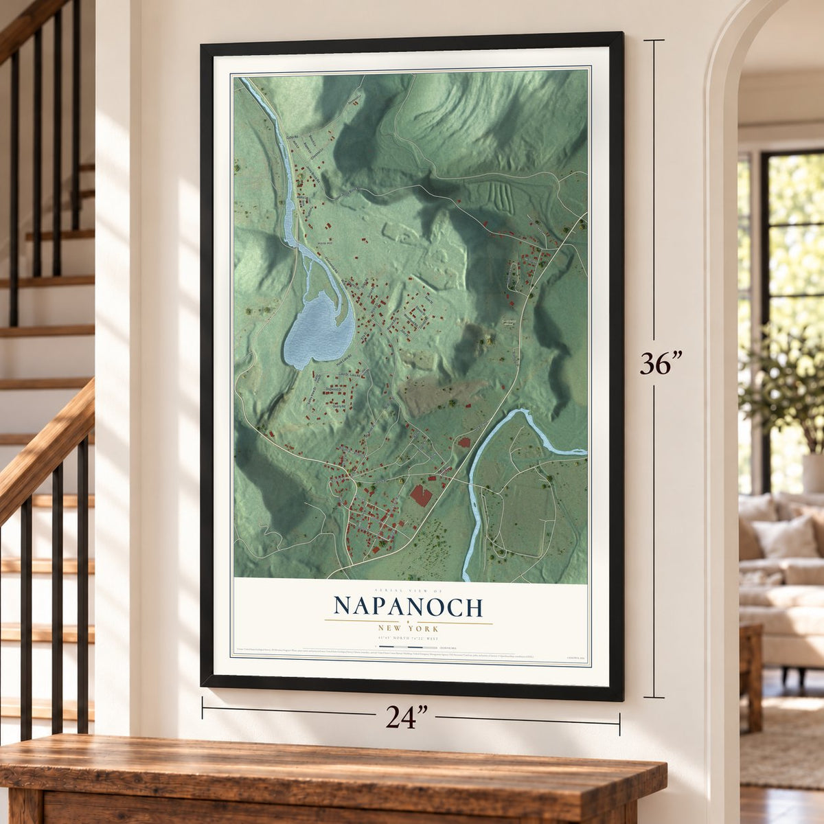 Napanoch, New York map, 24 x 36 inch print in a black frame by a staircase