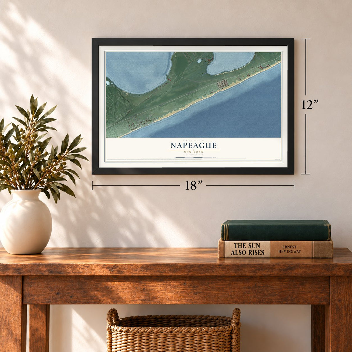 Napeague, New York map, 12 x 18 inch print in a black frame in an entryway