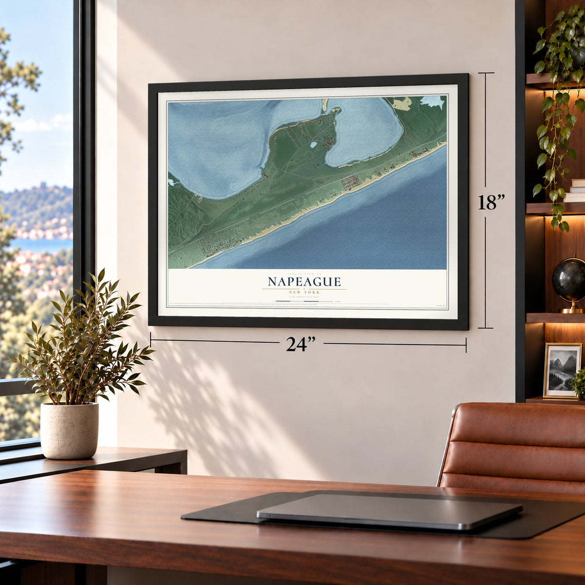 Napeague, New York map, 18 x 24 inch print in a black frame in a home office