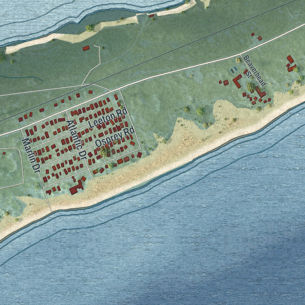 Close-up of the map of Napeague, New York print showing street and building detail