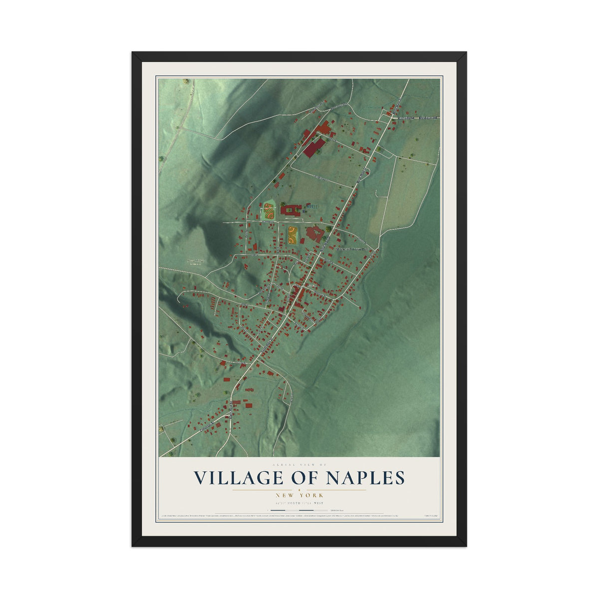 Naples, New York map print, 12" x 18" W/ Black Ayous Wood Frame mockup