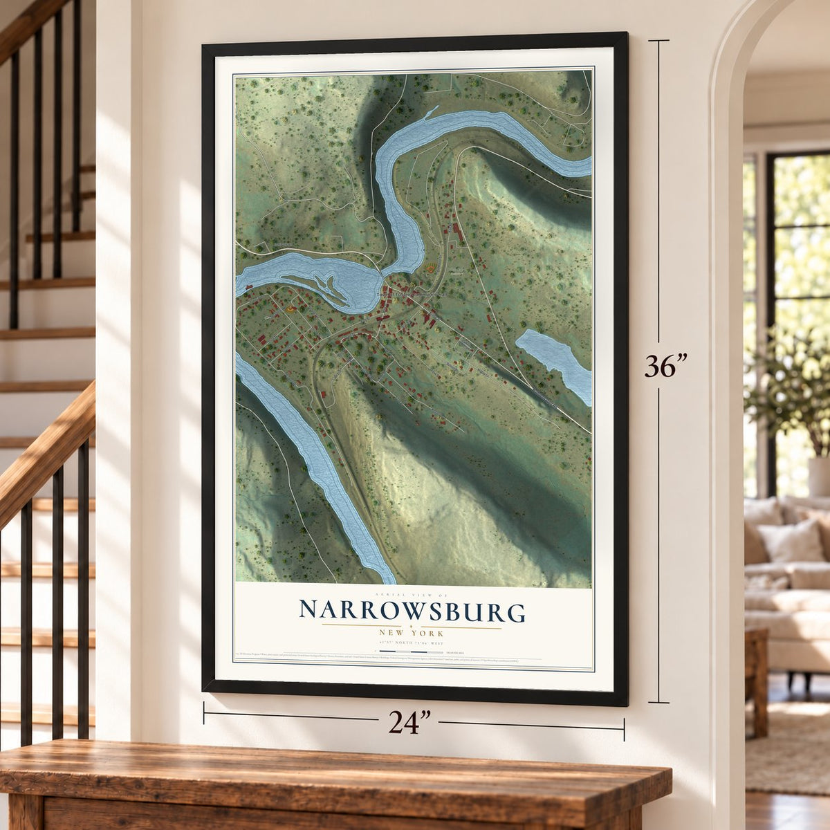 Narrowsburg, New York map, 24 x 36 inch print in a black frame by a staircase
