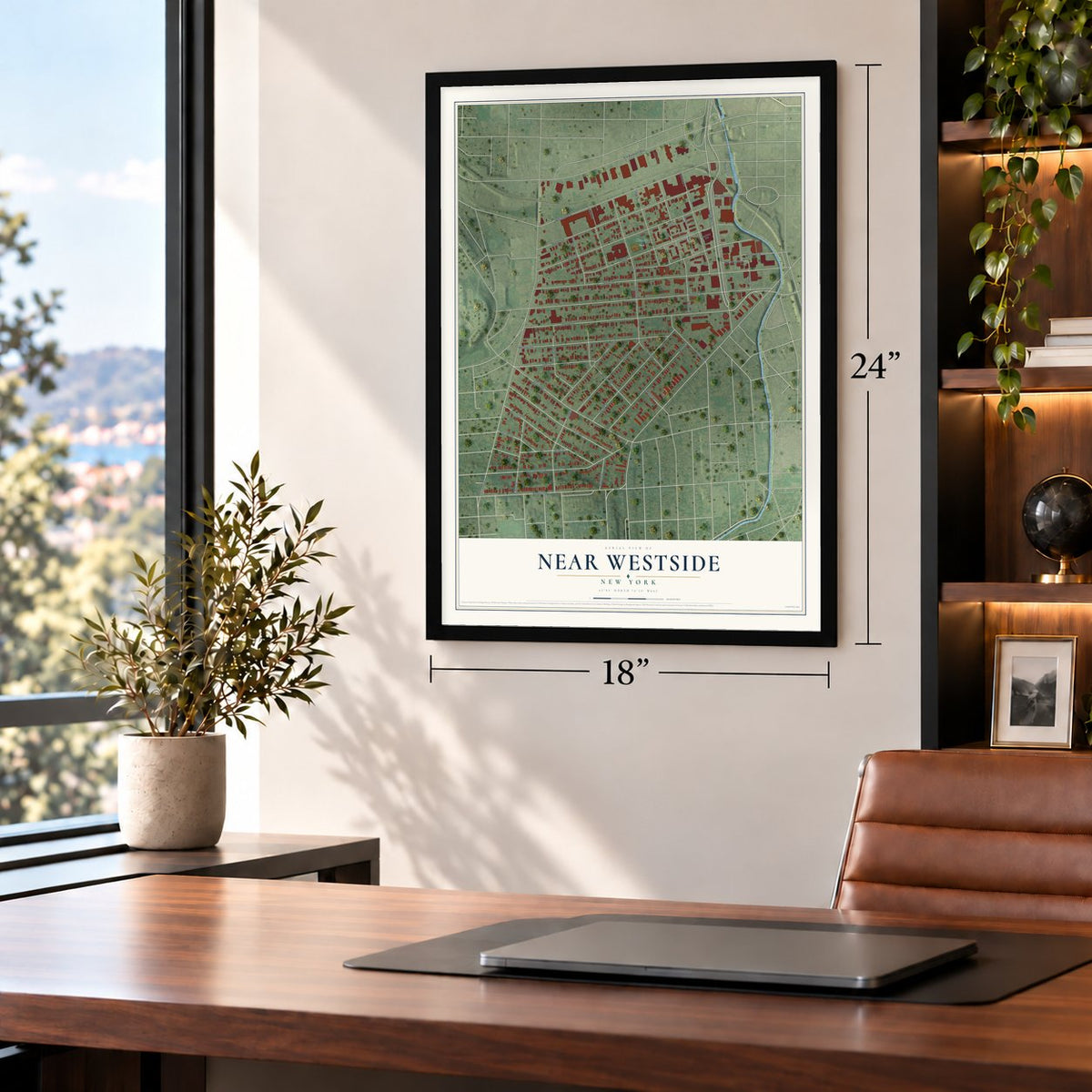 Near Westside, New York map, 18 x 24 inch print in a black frame in a home office