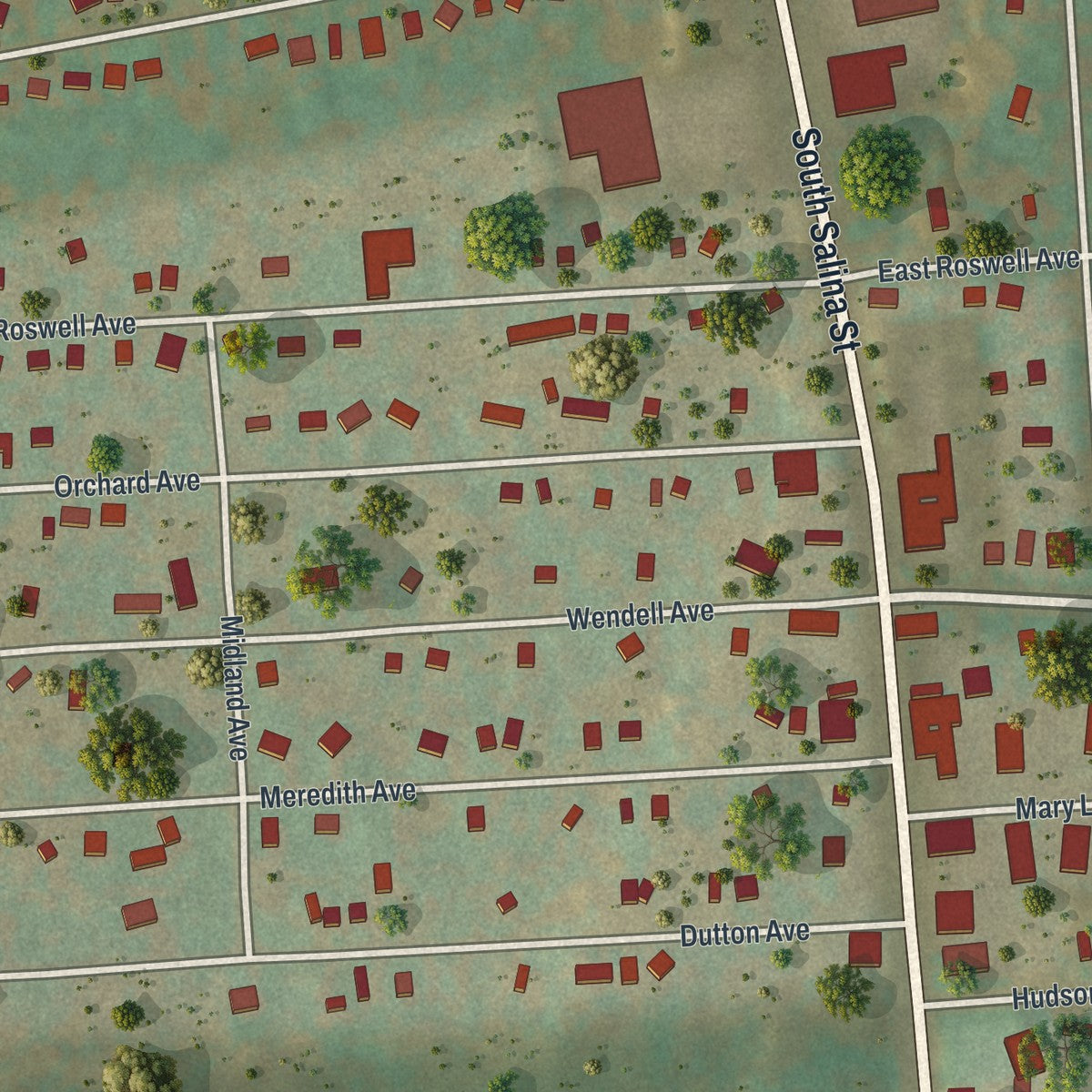 Close-up of the map of Nedrow, New York print showing street and building detail