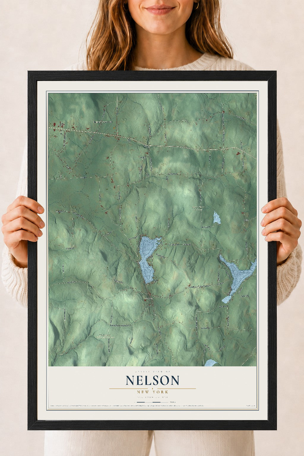 Nelson, New York map print, 18" x 24" W/ Black Ayous Wood Frame mockup