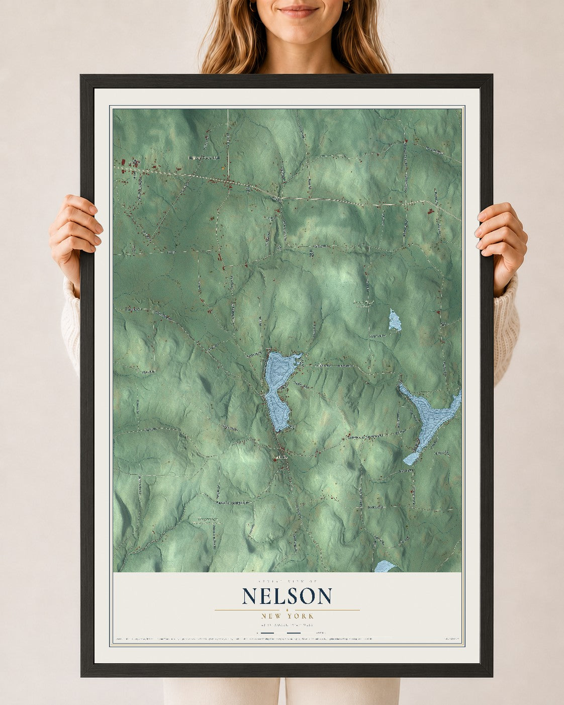 Nelson, New York map print, 24" x 36" W/ Black Ayous Wood Frame mockup