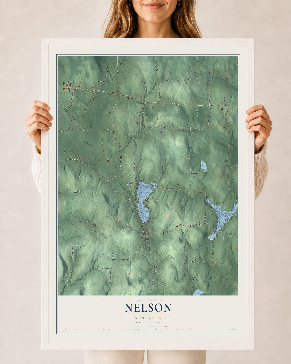 Nelson, New York map print, 24" x 36" W/ White Ayous Wood Frame mockup
