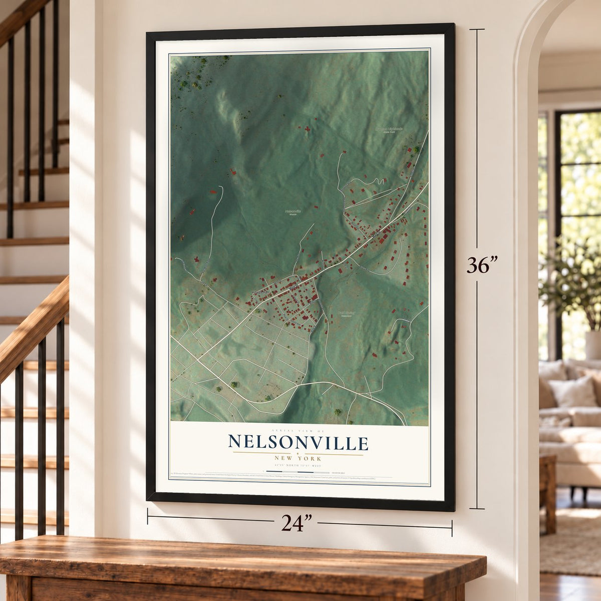 Nelsonville, New York map, 24 x 36 inch print in a black frame by a staircase