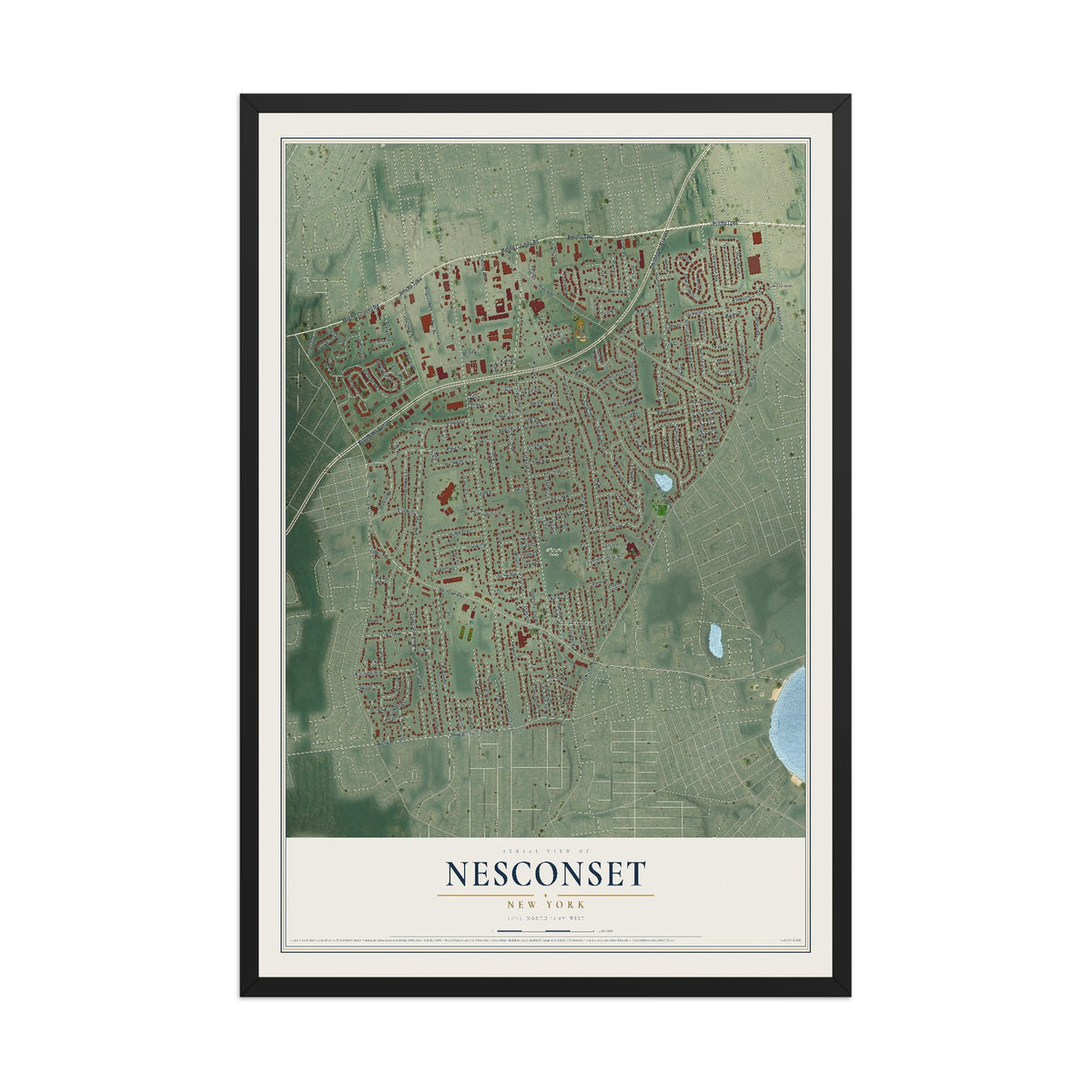 Nesconset, New York map print, 12" x 18" W/ Black Ayous Wood Frame mockup