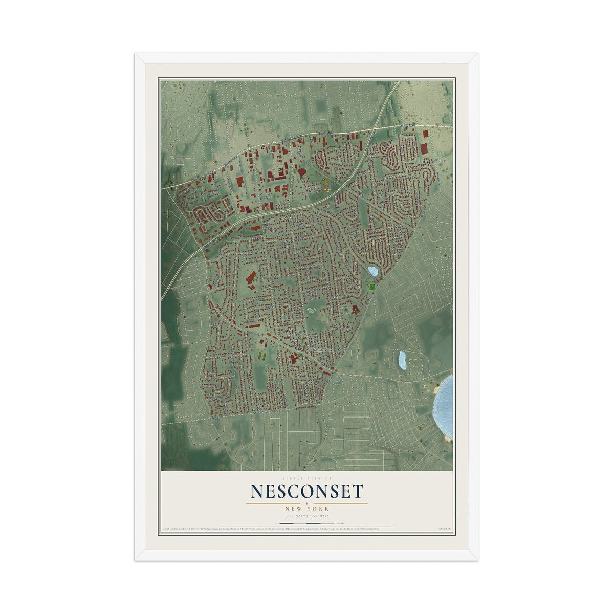 Nesconset, New York map print, 12" x 18" W/ White Ayous Wood Frame mockup