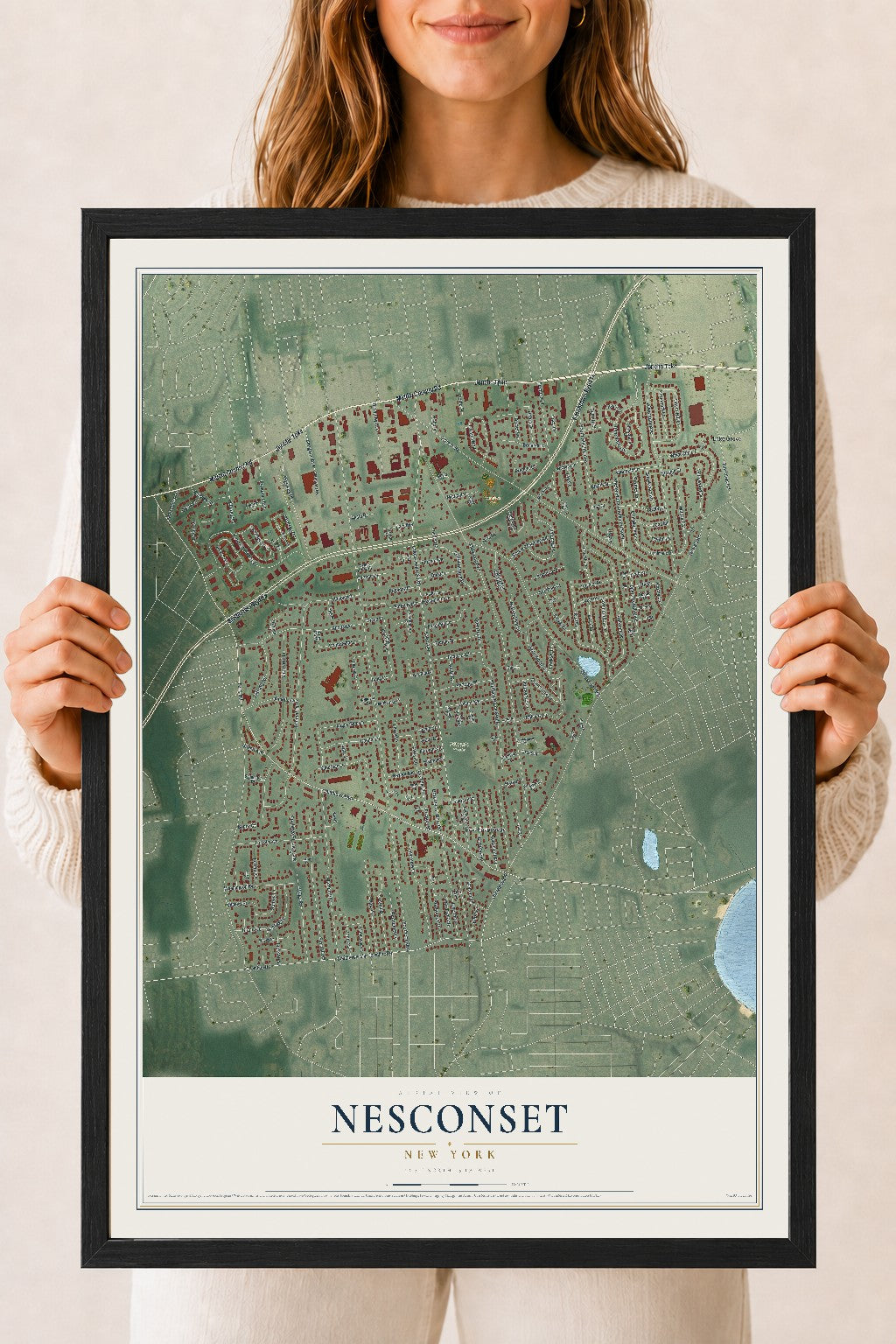 Nesconset, New York map print, 18" x 24" W/ Black Ayous Wood Frame mockup