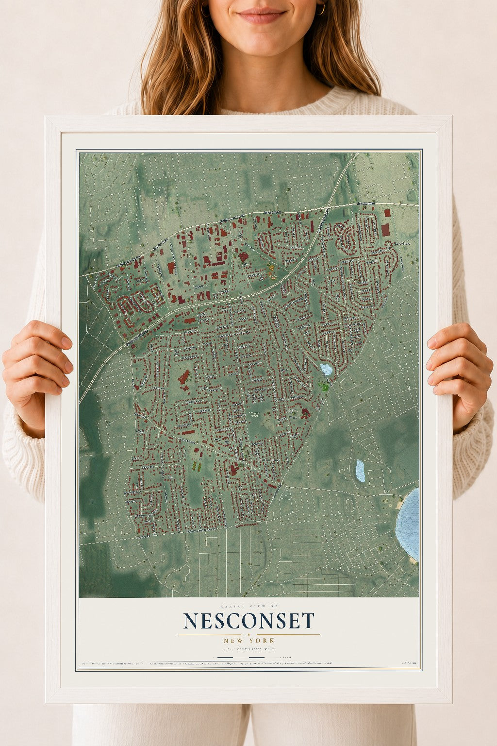 Nesconset, New York map print, 18" x 24" W/ White Ayous Wood Frame mockup