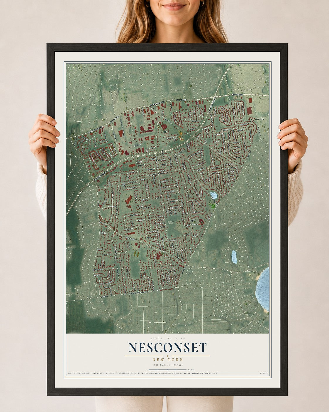 Nesconset, New York map print, 24" x 36" W/ Black Ayous Wood Frame mockup