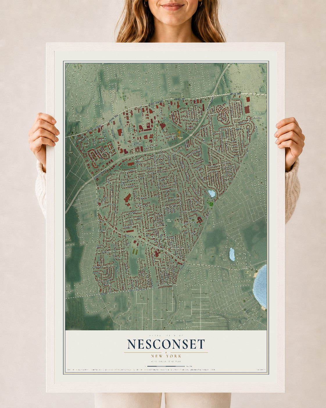 Nesconset, New York map print, 24" x 36" W/ White Ayous Wood Frame mockup